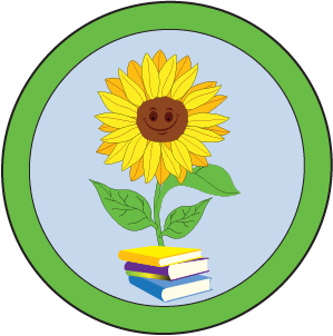 Logo of a sunflower growing from books and smiling