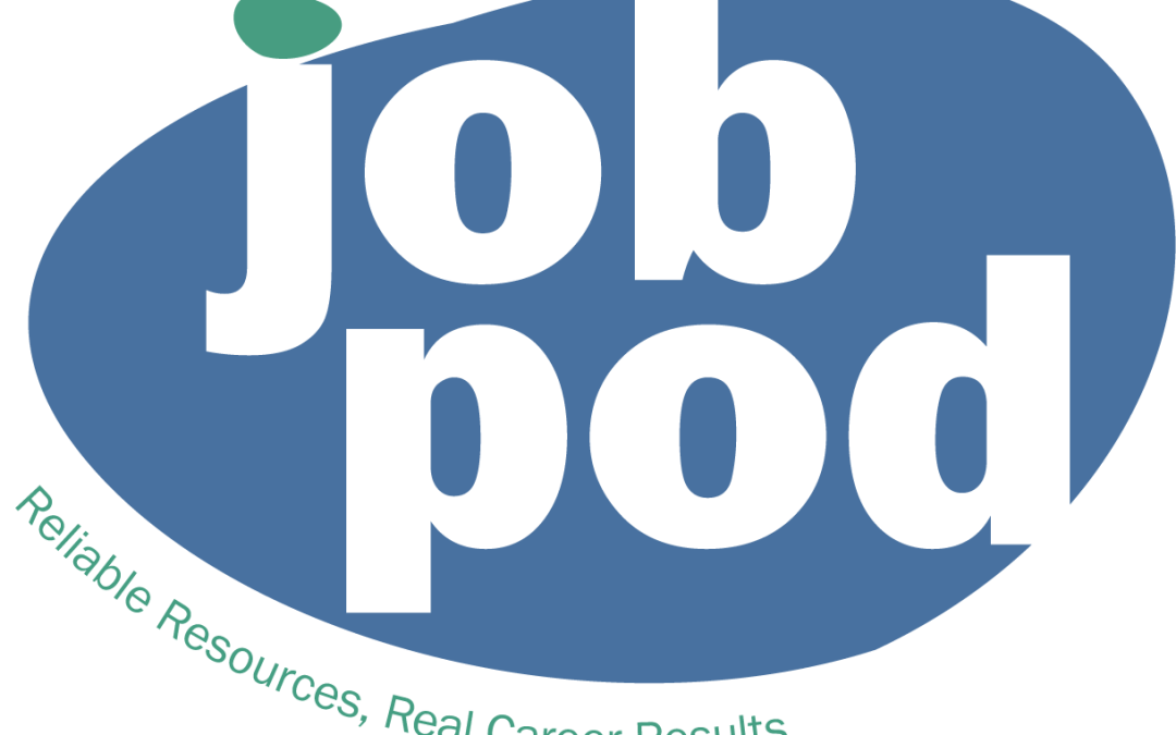 An image of the JobPod logo that is a blue oblong shape with white JobPod letters on top